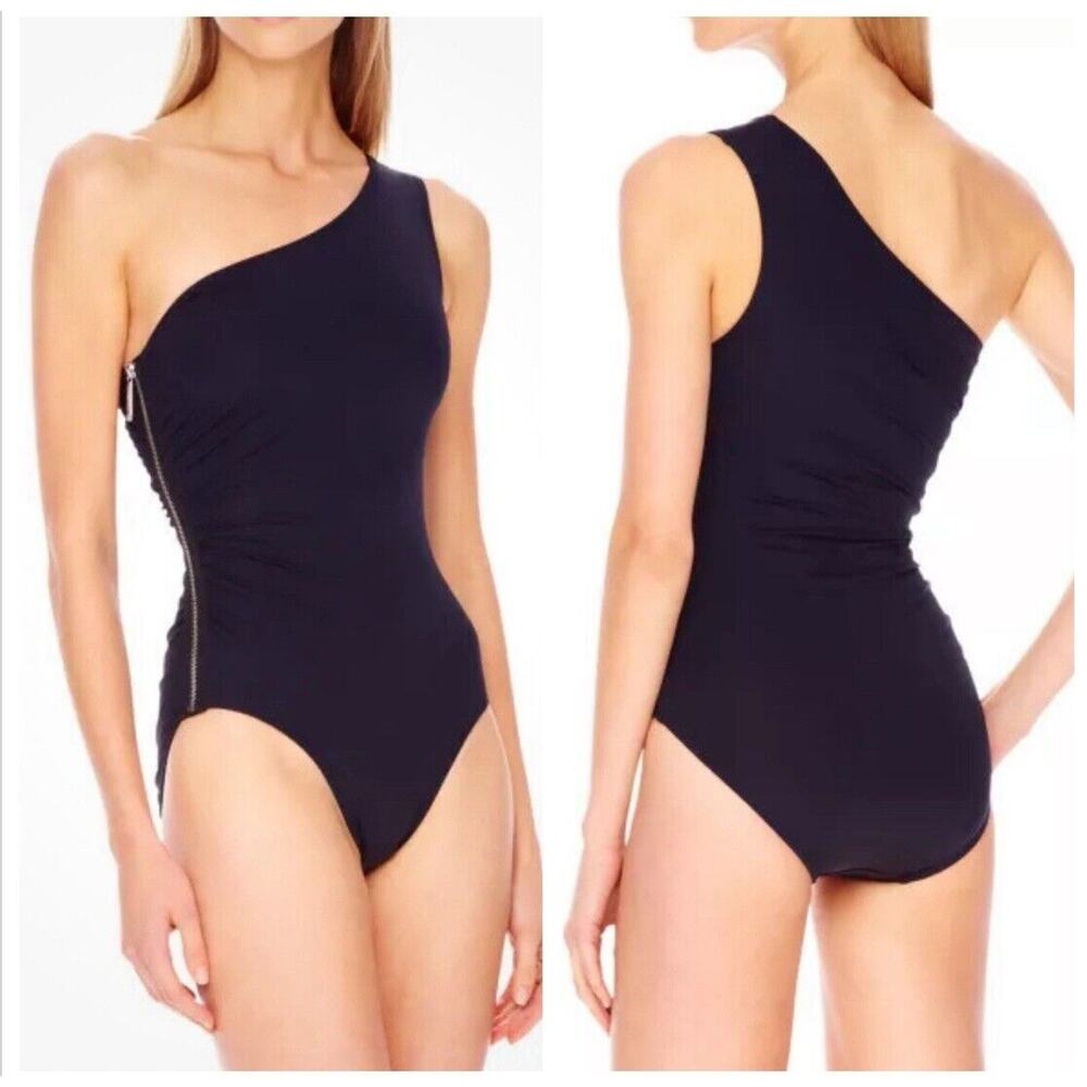 MICHAEL KORS TUNISIA SHIRRED 1 SHOULDER ZIP MAILLOT SWIMSUIT BLACK SZ 8 NEW $112